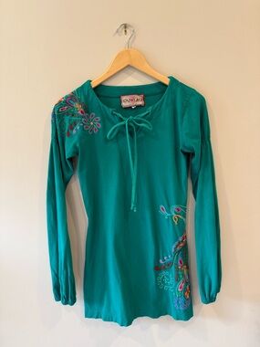 Johnny Was JWLA Teal Embroidered Long Sleeve Tunic - Small - Peacock Embroidery